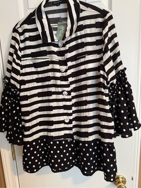 Dotted & Striped Black and White Button-Front Blouse by Dor Dor